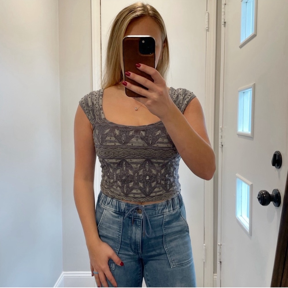 Free People Women's Gray Beaded Crop Top - size XS